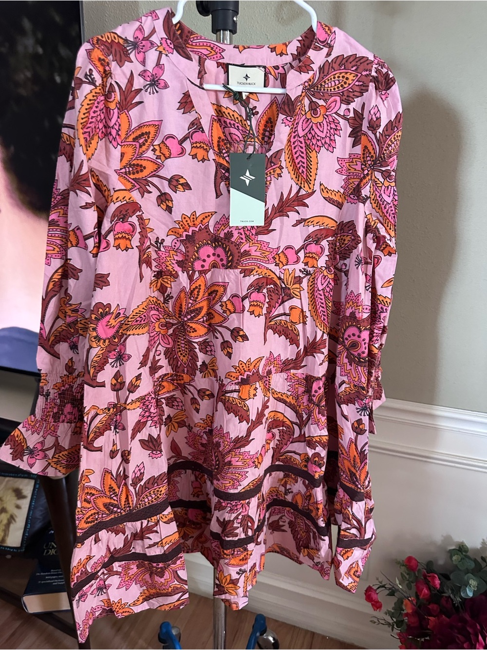 Tuckernuck Pink Floral Paisley Tunic with Orange and Brown Accents